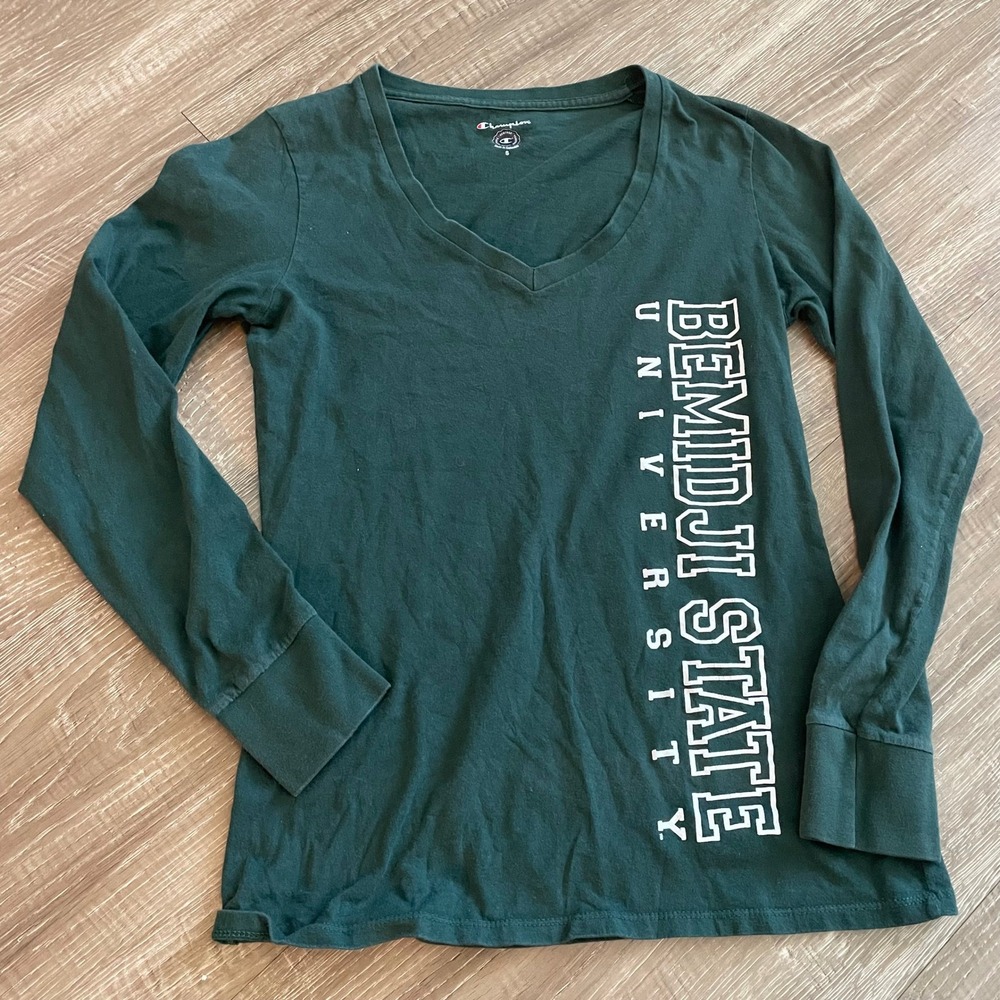 Champion Womens Bemidji State University T-Shirt Small Green Cotton V-Neck Tee